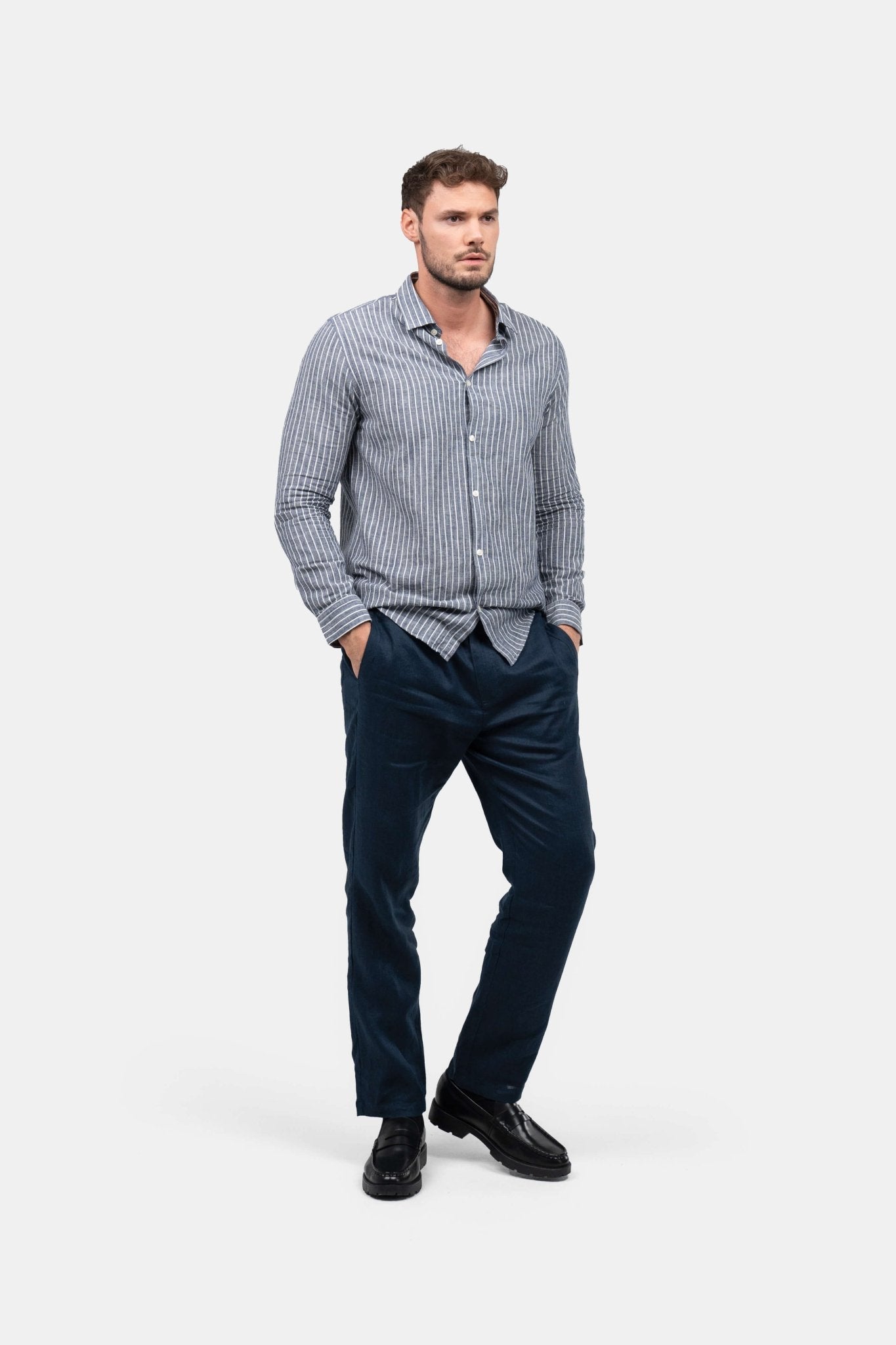 Langærmet Hørskjorte Navy Stribet | Skagen-clothing.dk